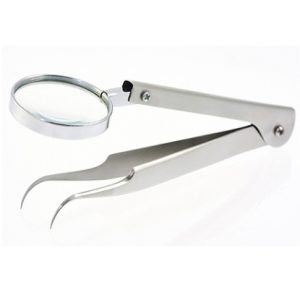 Spitzpinzette rund gebogen mit Lupe 13,5 cm, rostfrei
