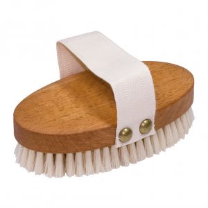 Massagebürste mit Baumwollgurt, gedämpftes Buchenholz, helle Borste